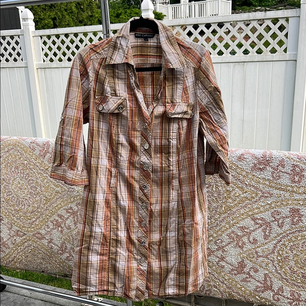 Mlle Gabrielle Plaid Button-Up Dress in Earth Tones